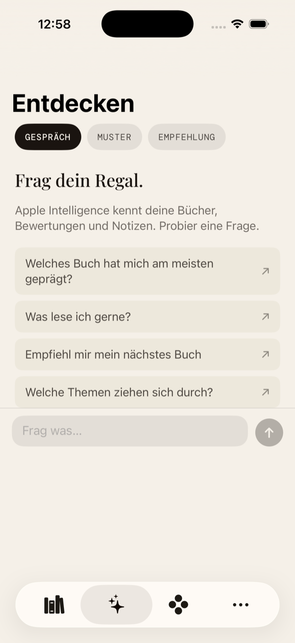 regal. Entdecken &mdash; Frag dein Regal, Apple Intelligence kennt deine B&uuml;cher