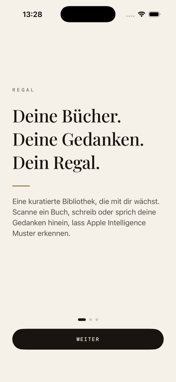 regal. Onboarding &mdash; Deine B&uuml;cher. Deine Gedanken. Dein Regal.